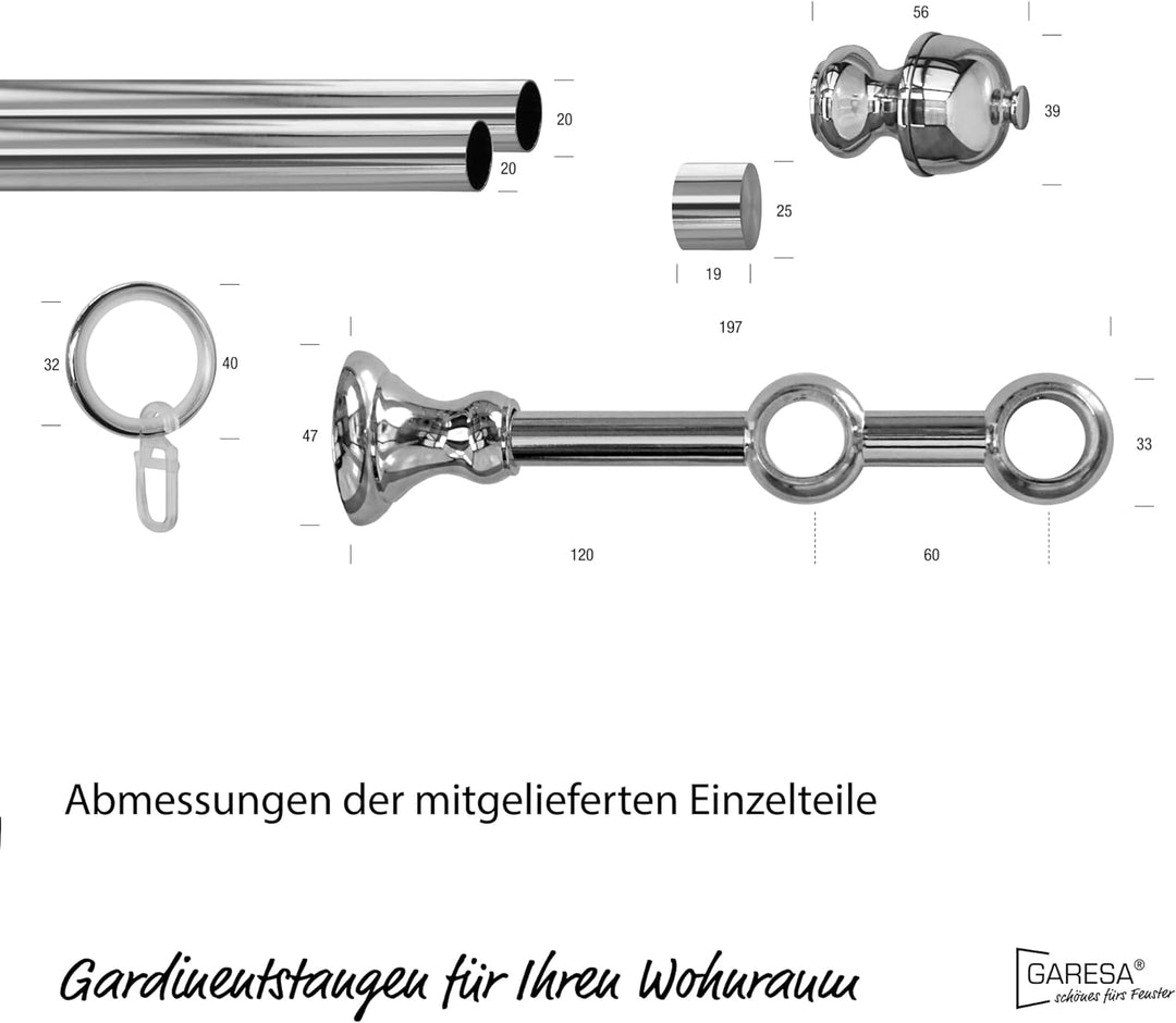 Garesa Gardinenstange Andrea Ø 20mm, 2-läufig, Chrom I Stabile Vorhangstange inkl. Ringe + Faltenleg