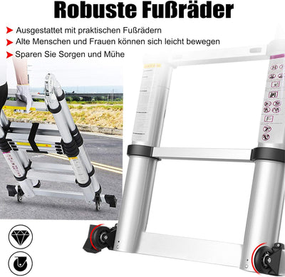 TRMLBE Teleskopleiter Klappleiter 3,8 m Ausziehleiter Leiter Ausziehbar Aluminium mit Stabilisator u