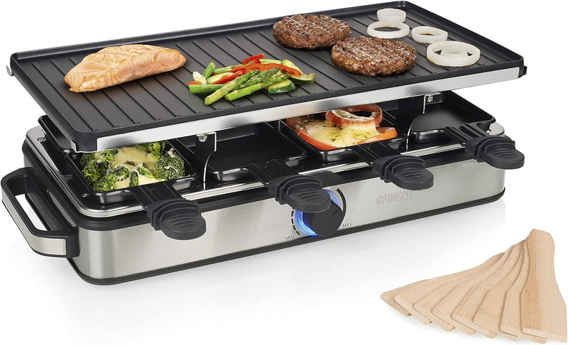 Princess Raclette Grill Deluxe - Wendbare Grillplatte, Edelstahlgehäuse, 8 Personen, 1400 Watt, Ther