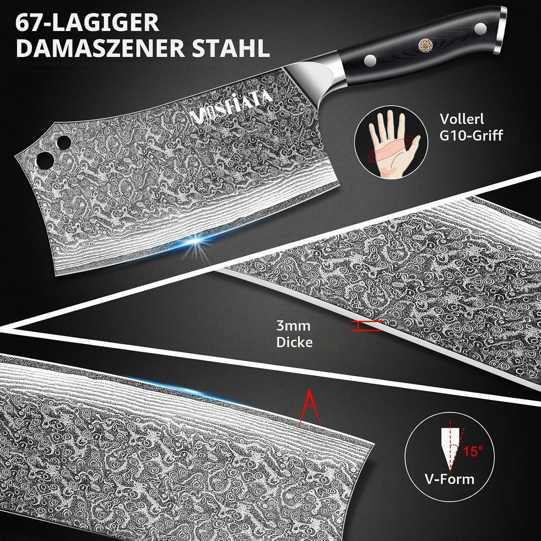 MOSFiATA Damast Hackmesser 7 Zoll, Kochmesser Klassik Chinesches Küchenmesser, Damastmesser Kochmess