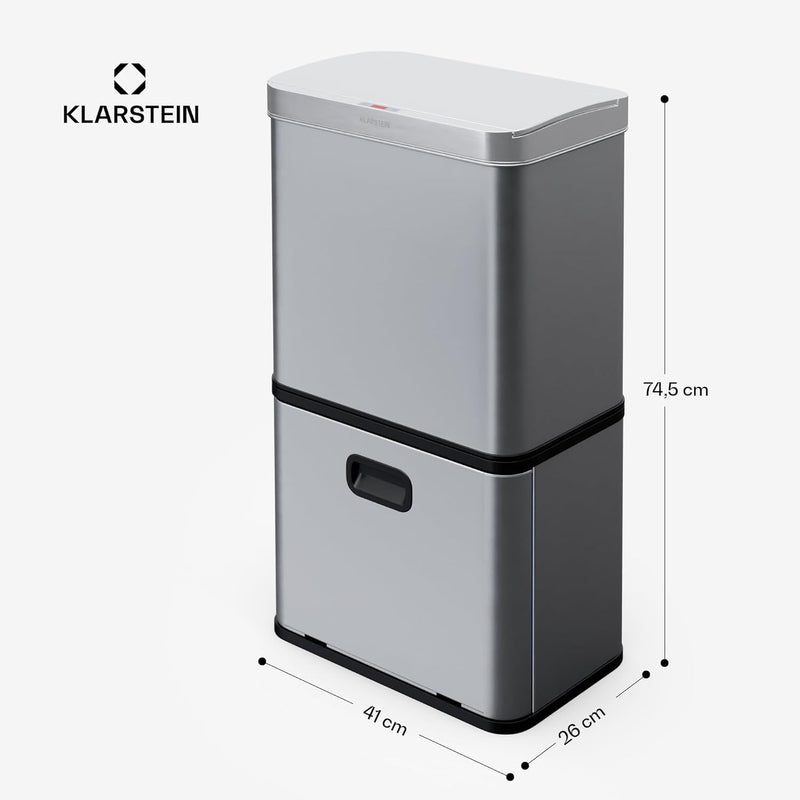 Klarstein 56 L Edelstahl-Sensormülleimer mit 3 Fächern (36+2x10 L), Bedienfeld mit LED-Anzeige, Soft