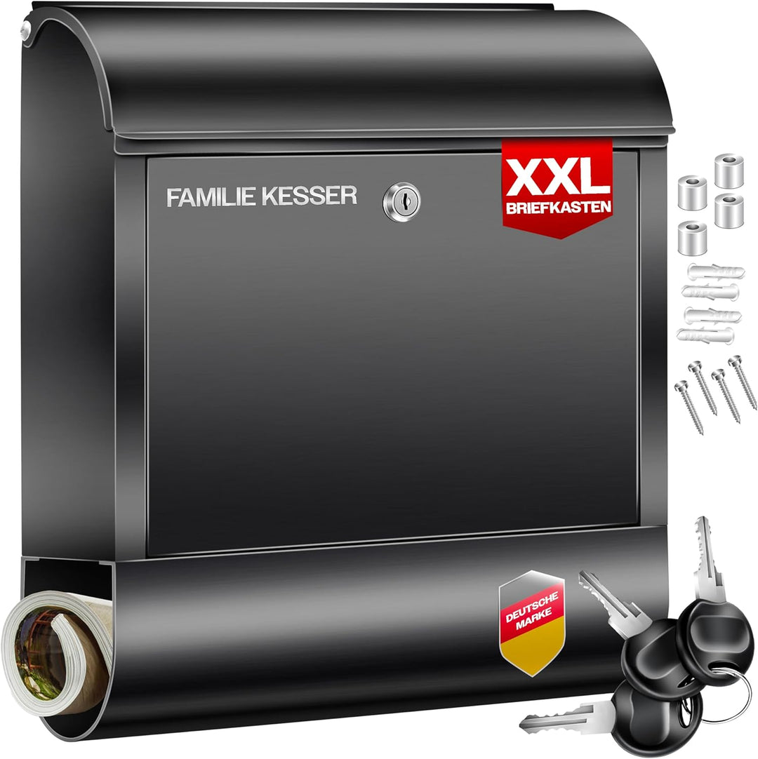 KESSER® XXL Briefkasten Edelstahl mit Zeitungsfach, gebürstet, 3X Schlüssel abschliessbar, Pulverbes