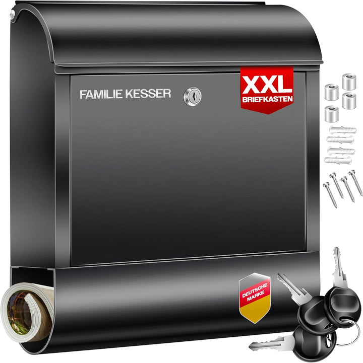 KESSER® XXL Briefkasten Edelstahl mit Zeitungsfach, gebürstet, 3X Schlüssel abschliessbar, Pulverbes