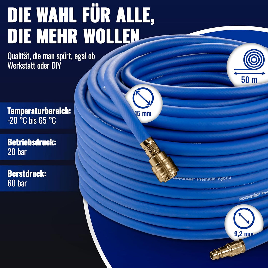 Poppstar Druckluftschlauch 50 m (Hybrid PVC mit Gewebe, Innendurchmesser 9,2mm mit Messing-Schnellku