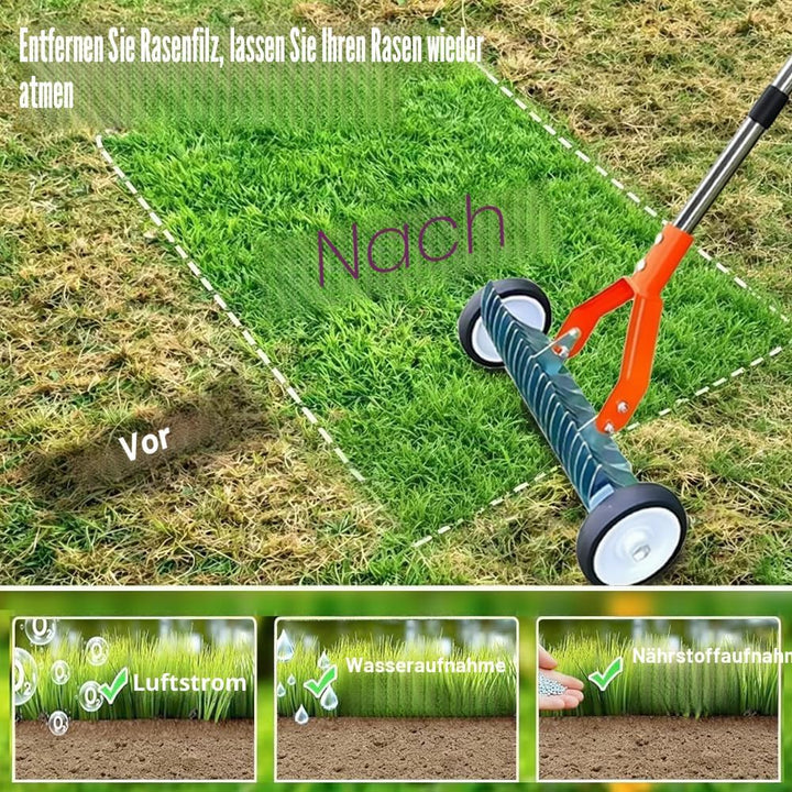 Handvertikutierer mit Rollen,Vertikutierrechen mit Stiel 163cm,Vertikutierer Rechen Hand mit Gartena