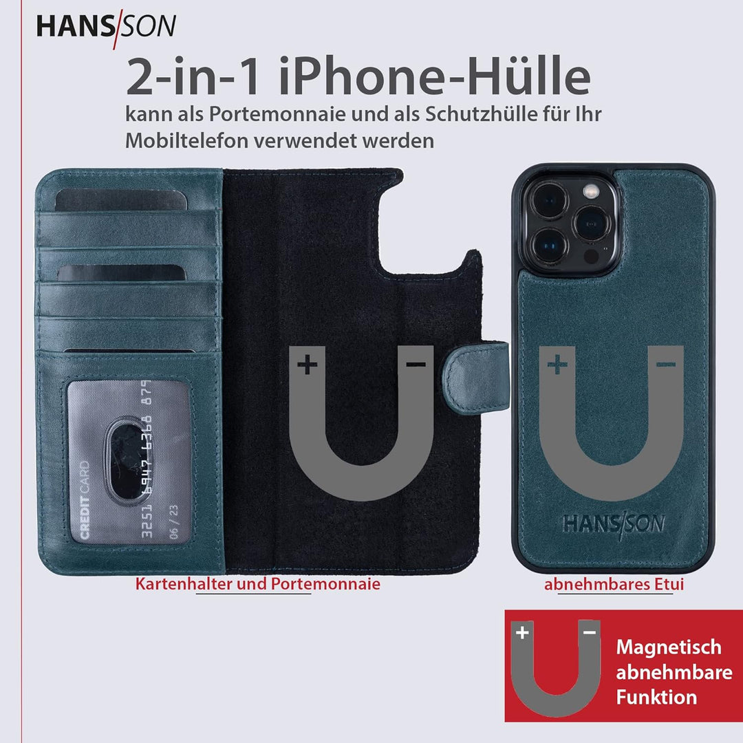 HANS/SON Hülle aus Echtleder mit Kartenfächern in Petrol | Blaue iPhone 13 Pro Max Klapphülle | Geld