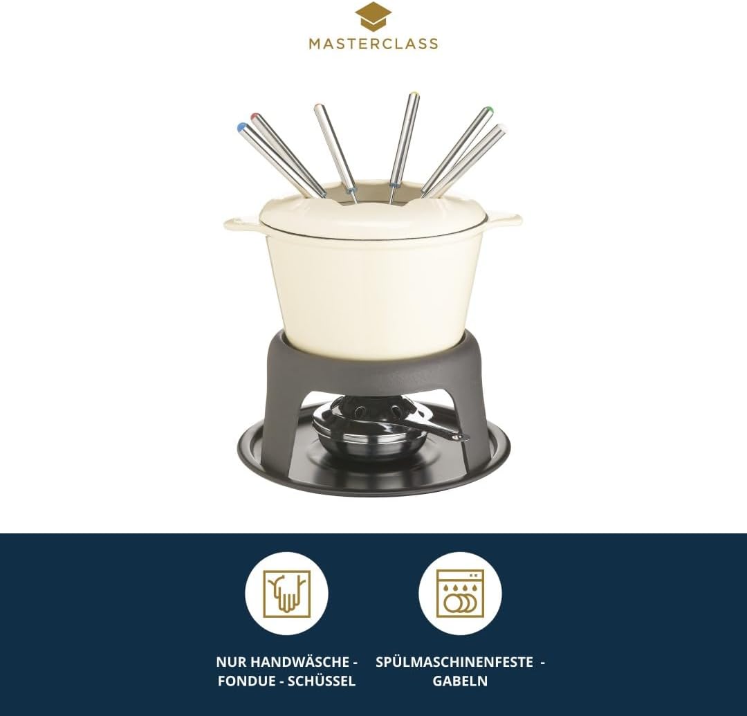 MasterClass Fleisch-/Käse-/Schokoladen-Fondue-Set aus Gusseisen, mit Sechs Edelstahlgabeln, 21 x 18
