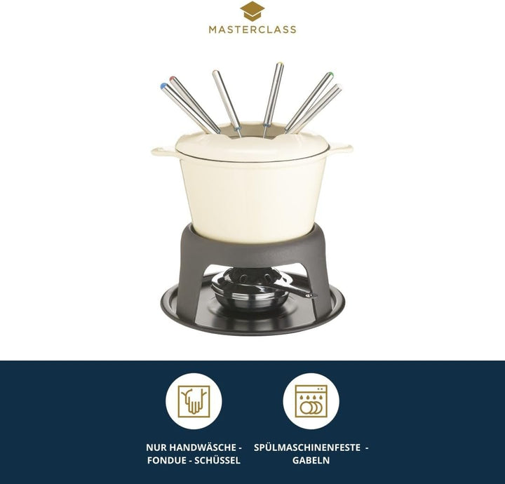 MasterClass Fleisch-/Käse-/Schokoladen-Fondue-Set aus Gusseisen, mit Sechs Edelstahlgabeln, 21 x 18