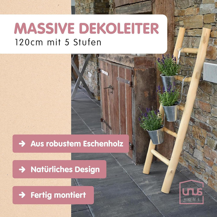 UNUS Dekoleiter Holz, 120cm 5 Stufen, naturfarben, Holzleiter Deko Leiter Wand Dekoration, Handtuchh