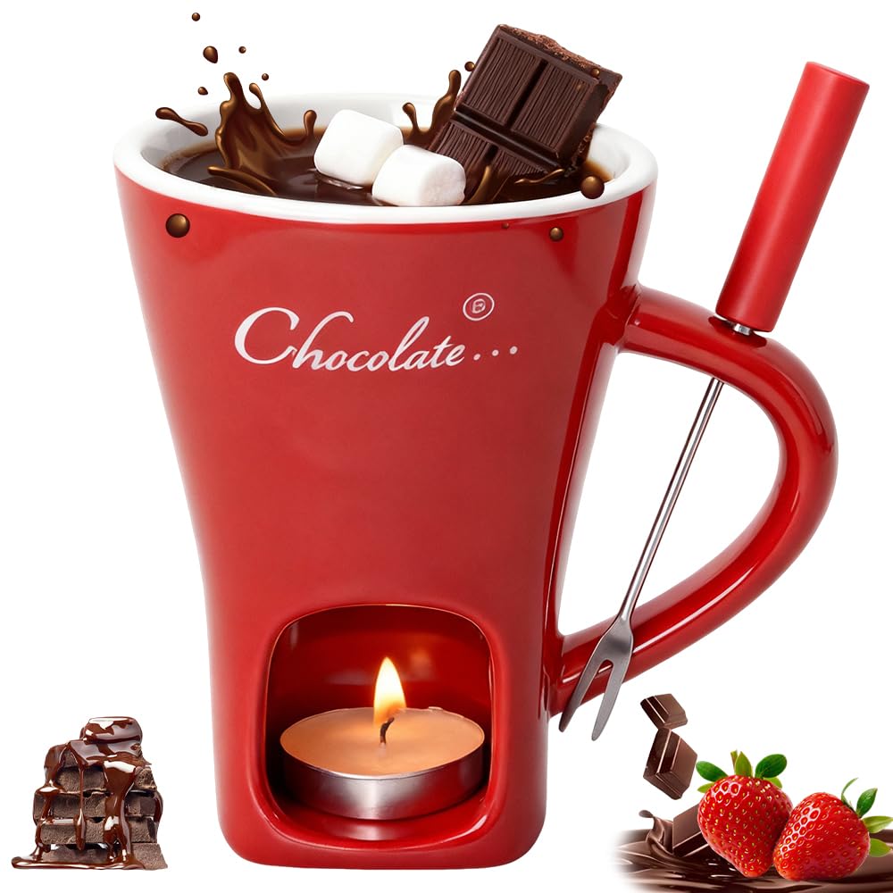 Schokofondue Tasse Set, Keramik Schokoladenfondue Tasse mit Gabel, 130ML Schoko Fondue Tassen, Persö