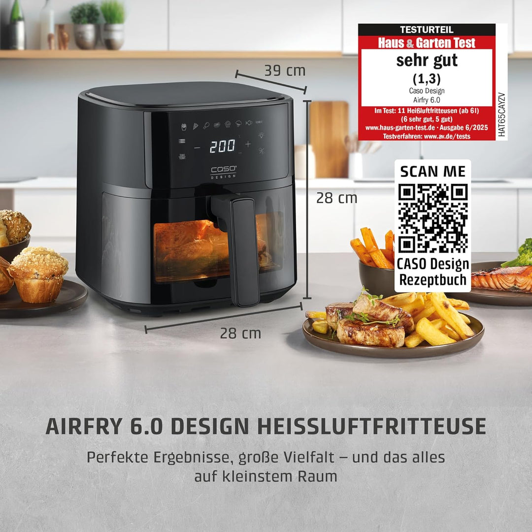 CASO AirFry 6.0 - Heissluftfritteuse, Airfryer, 6 Liter, Timer, Besonders Leise 38 db, Shake-Reminde