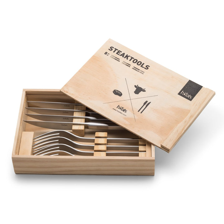 höfats - Steakbesteck 8-teilig mit Steakmesser, Steakgabel und Holzkiste - Besteckset 4 Personen - r