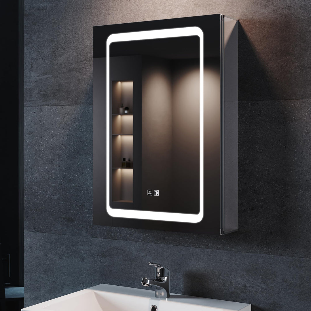 SONNI LED Spiegelschrank mit Beleuchtung 50 × 70cm Aluminium beschlagfrei Kabelloses Scharnier Desig
