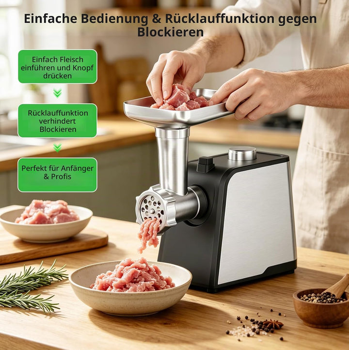 Elektrischer Fleischwolf 3 in 1 mit Wurstfüller, 3200W Fleischwolf Edelstahl, Wurstmacher mit 3 Wurs