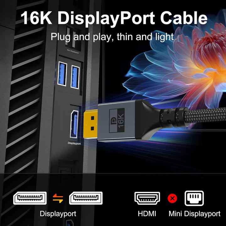 DisplayPort 2.1 Kabel / 16K DP 2.1, 16K@60Hz, 8K@240Hz, 4K@480Hz Unterstützt 80Gbps HDR DSC1.2a Free