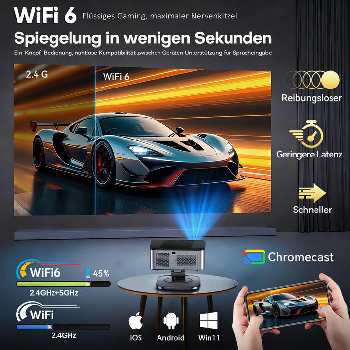 Beamer mit Google TV 14.0 Unterstützt 4K Autofokus 2200 ANSI 360°-Drehung | Google Sprachsteuerung,