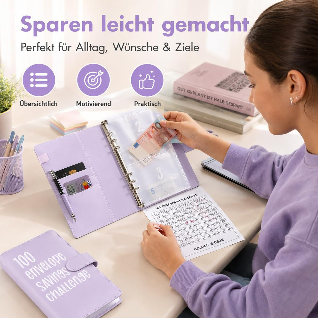 Challenge-Ordner mit 100 Umschlägen, A5-Umschlag, Spar-Challenge, Budget-Ordner, mit 25 Geldspar-Tra