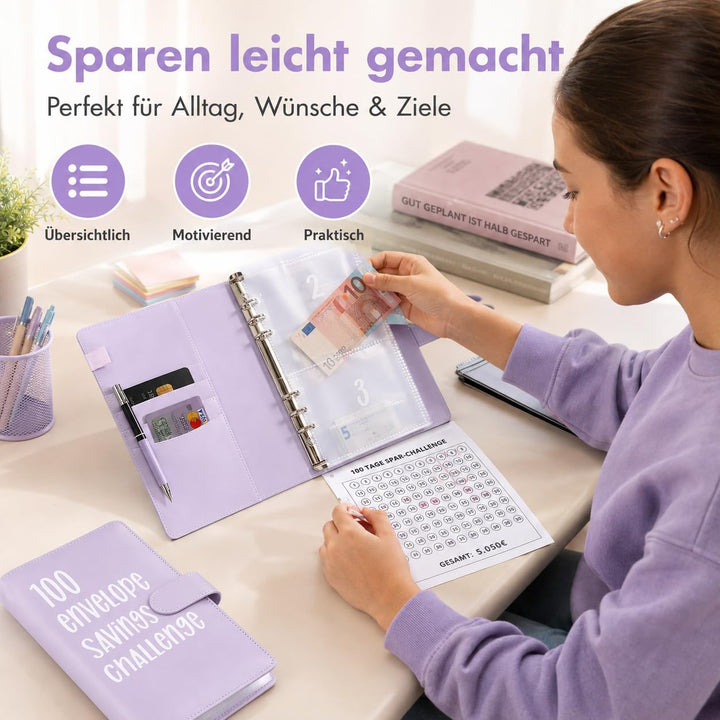 Challenge-Ordner mit 100 Umschlägen, A5-Umschlag, Spar-Challenge, Budget-Ordner, mit 25 Geldspar-Tra