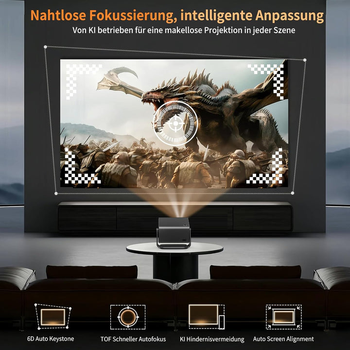 Heimkino Beamer, 4K Unterstützt, 1080P Full HD Beamer mit 28000 Lumen, WiFi 6 & Bluetooth 5.4, kompa