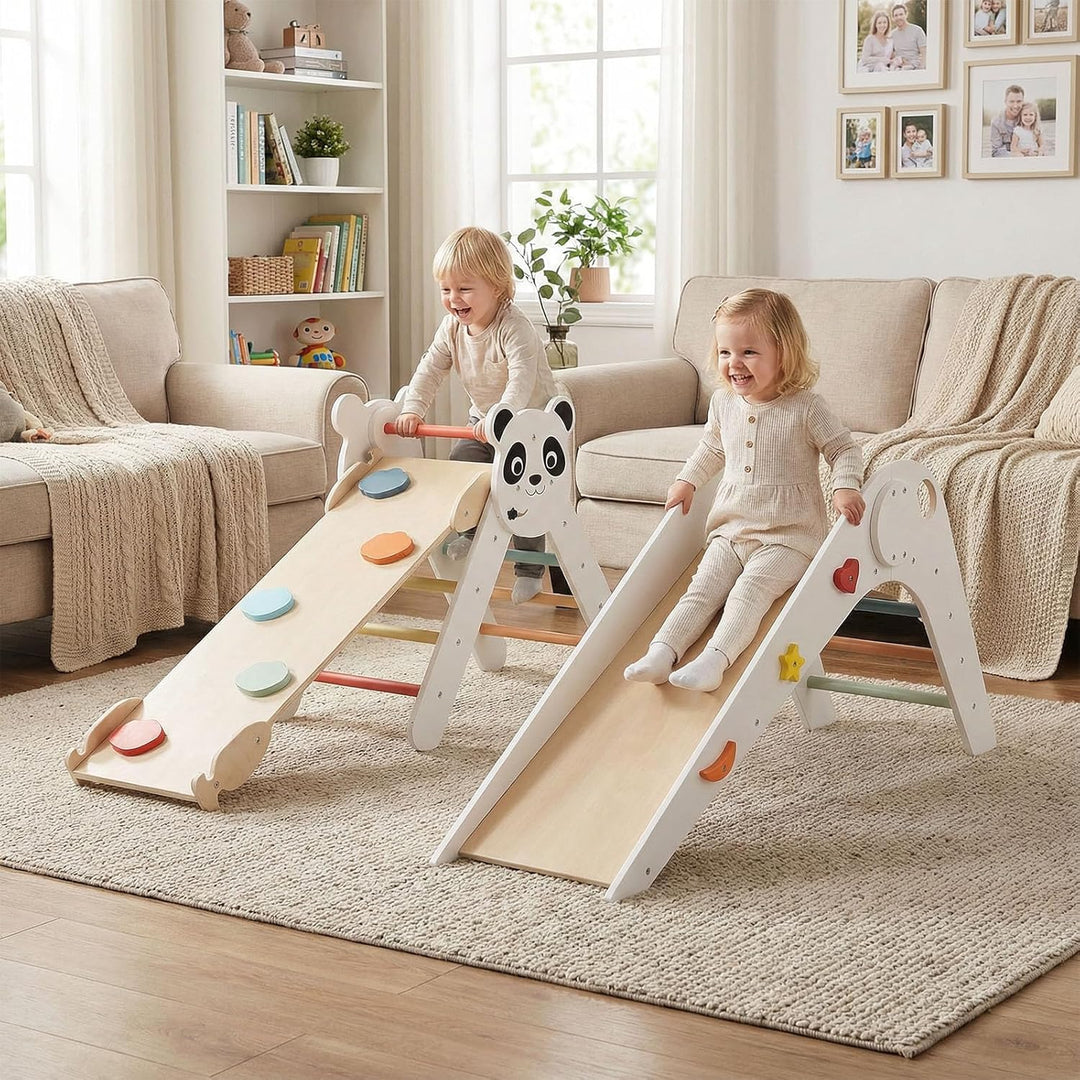 FANTASK Kletterdreiecke Indoor 3er Set, Klappbares Klettergerüst Holz mit Rutsche, Rampe & Kletterle