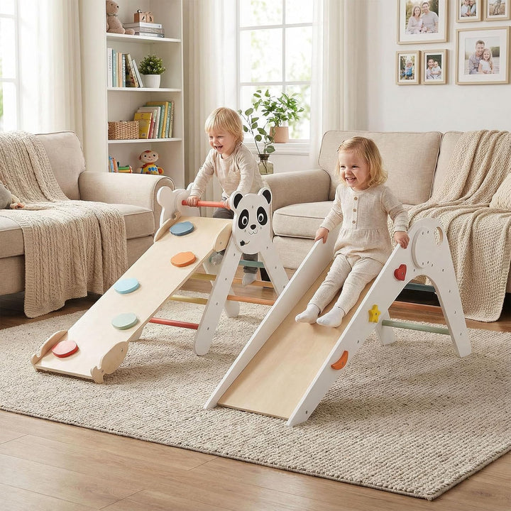 FANTASK Kletterdreiecke Indoor 3er Set, Klappbares Klettergerüst Holz mit Rutsche, Rampe & Kletterle