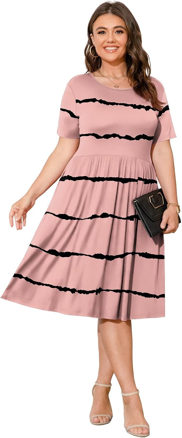 POSESHE Damen-Sommerkleid in Übergrösse 2023, lässig, kurzärmelig, Empire-Taille, lockere Passform,