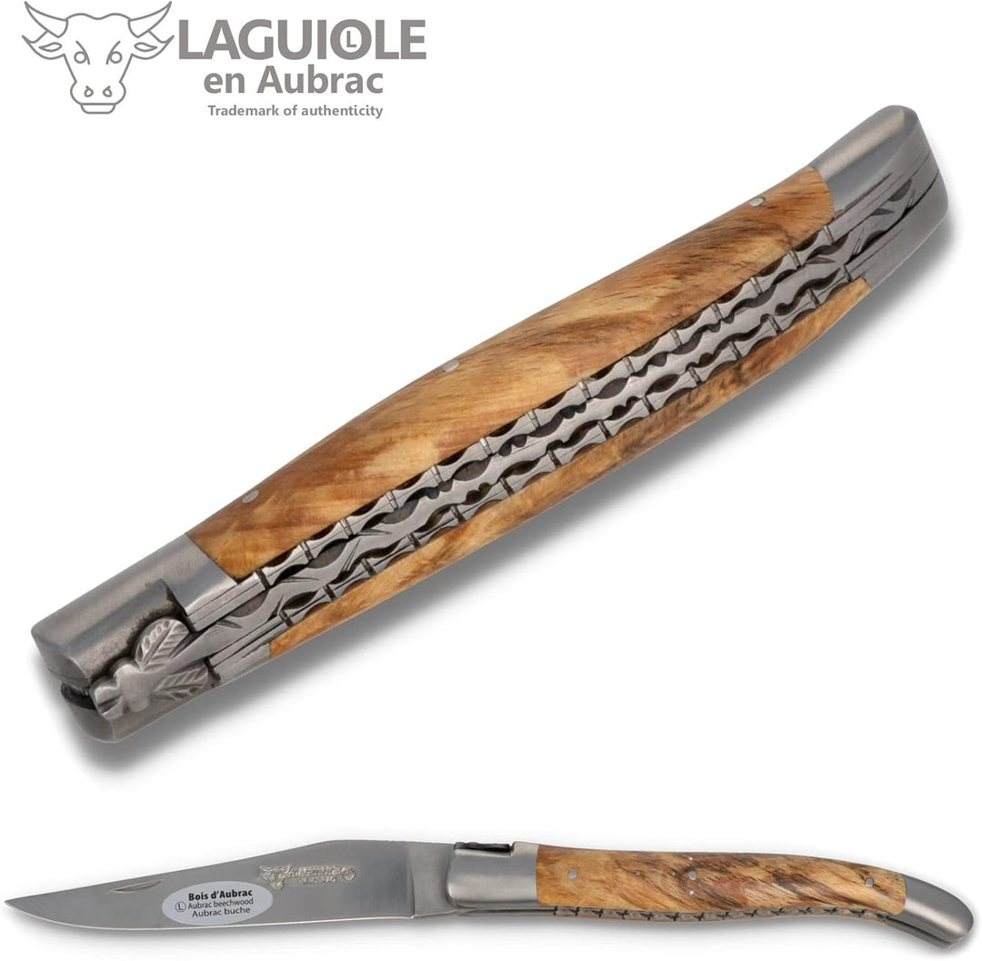 Laguiole en Aubrac Taschenmesser - 12 cm Doppelplatine - Griff Aubrac Buchenholz - Klinge 10 cm matt