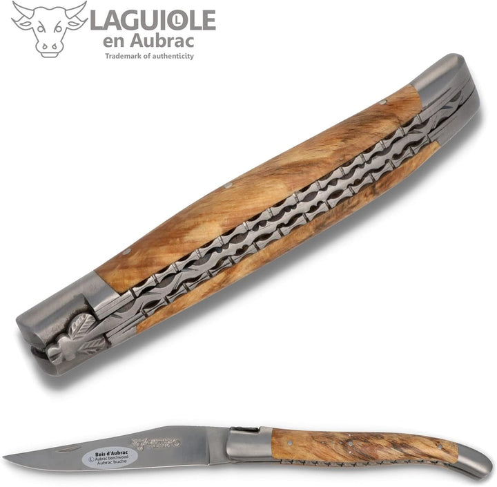 Laguiole en Aubrac Taschenmesser - 12 cm Doppelplatine - Griff Aubrac Buchenholz - Klinge 10 cm matt