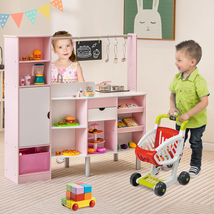 COSTWAY 2 in 1 Kinderküche &amp; Kaufladen, Spielküche mit Licht und Sound, interaktiver Eismacher &amp; Taf