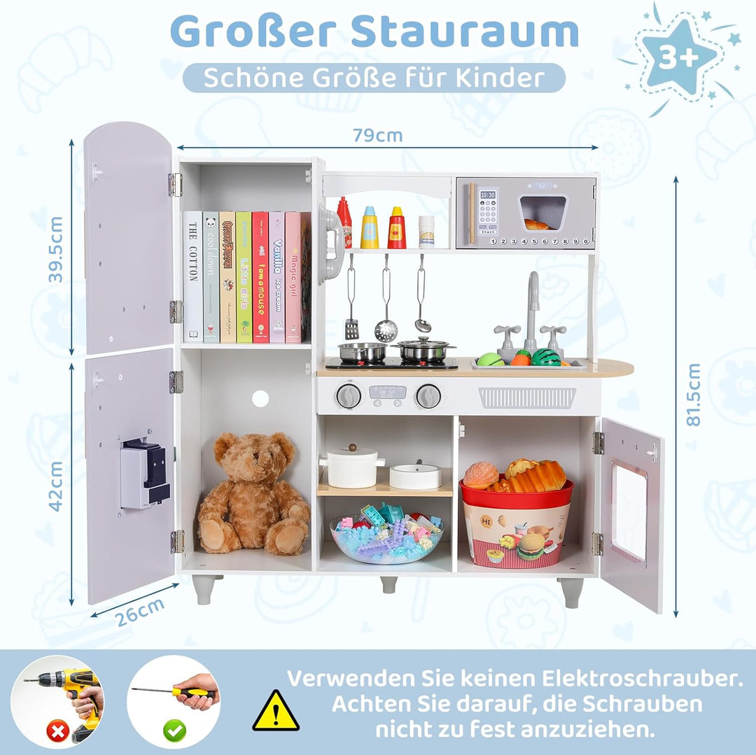 MAMIZO Kinderküche für Kinder, Puppenküche Holz, Spielküche mit Licht und Sound, Spielzeugküche mit