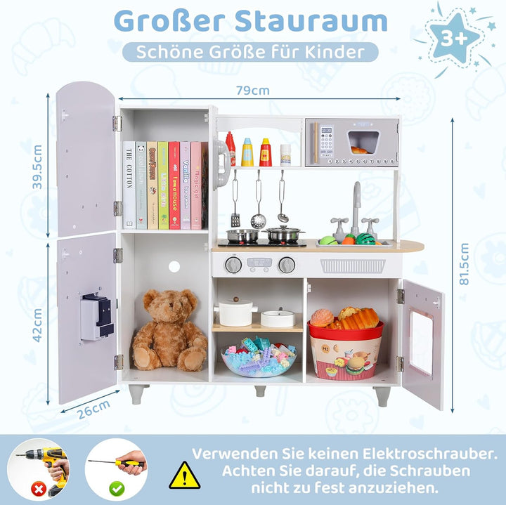 MAMIZO Kinderküche für Kinder, Puppenküche Holz, Spielküche mit Licht und Sound, Spielzeugküche mit