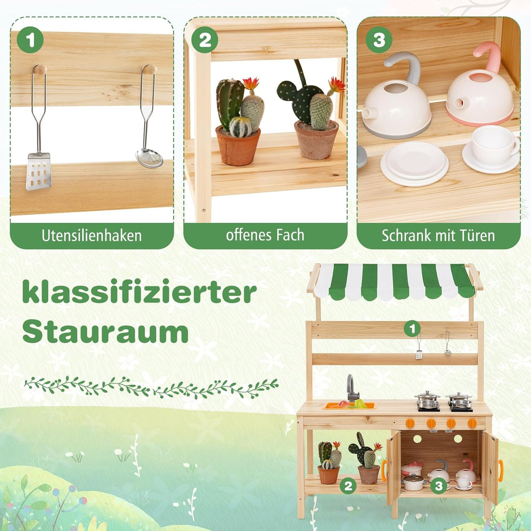 COSTWAY Matschküche Kinder Outdoor, Kinderküche Tannenholz mit Überdachung & Abnehmbarer Spüle & 4 K