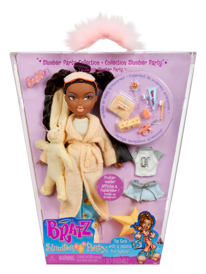 Bratz Slumber Party - Sasha Modepuppe - Mit 2 Pyjama-Garnituren, Plüschtier und Accessoires - Für Ki