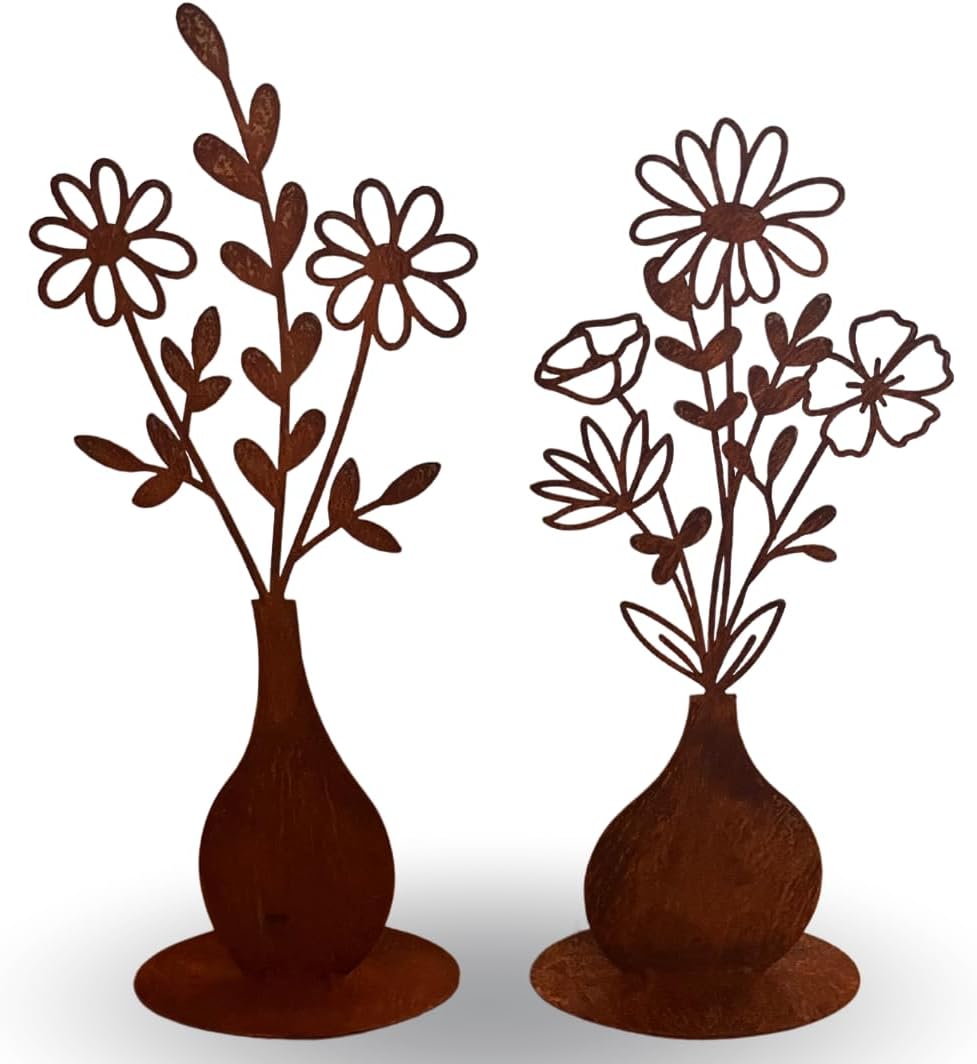 Terma Stahldesign Rost Figur Set Blumenstrauss in Vase 50cm Gartendeko für draussen und drinnen Gart