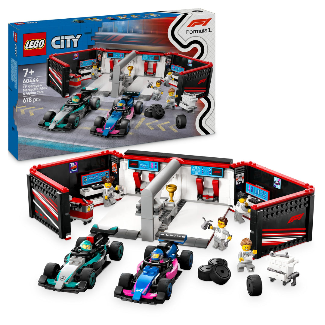 LEGO City F1 Garage mit Mercedes-AMG &amp; Alpine Rennautos - Spielzeug Formel 1 Rennwagen mit 2 Rennfah