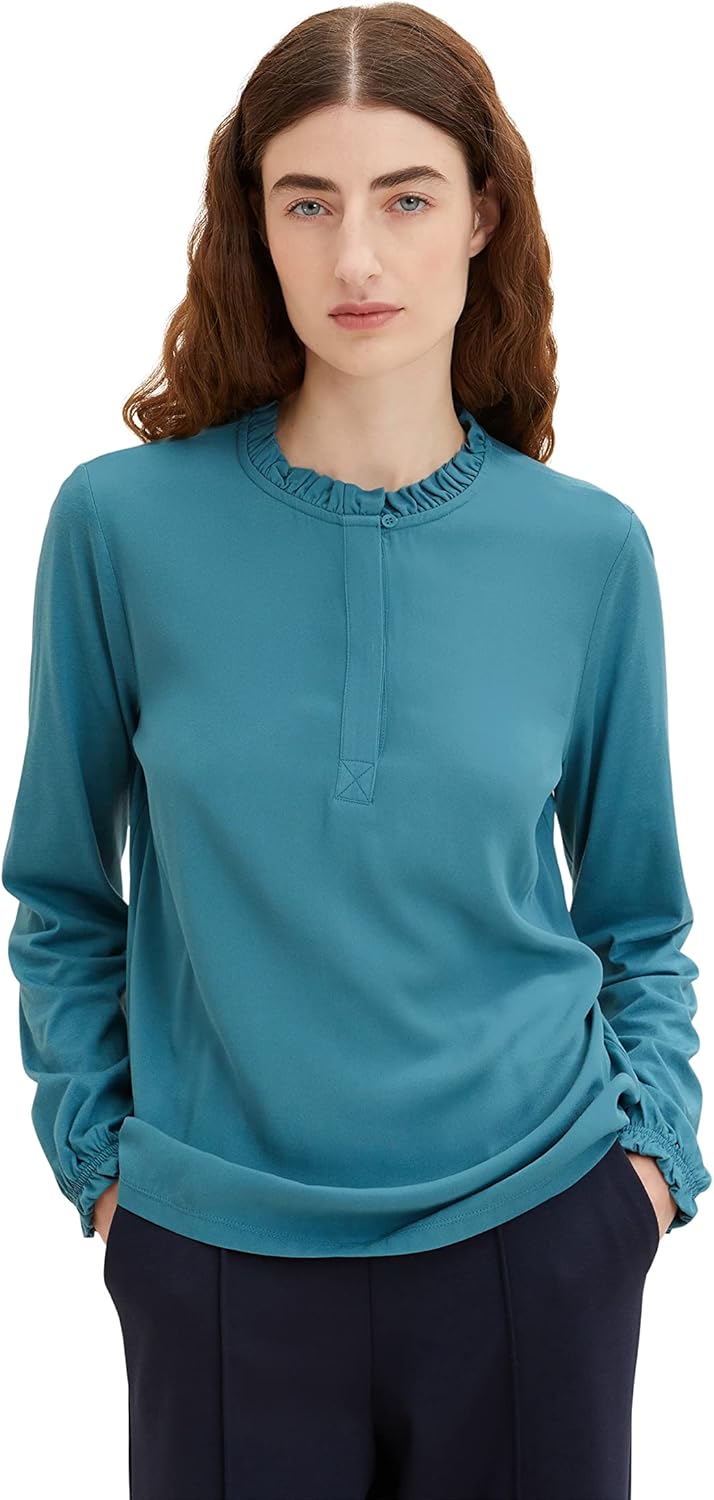 TOM TAILOR Damen Langarmshirt mit Rüschendetail L 13222 - Pastel Teal, L 13222 - Pastel Teal