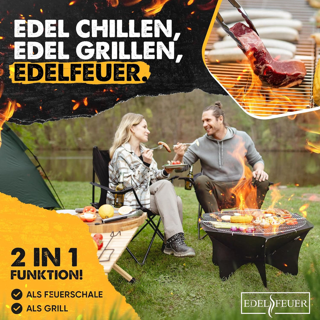 EDELFEUER Feuerschale Faltbar + GRATIS Grillrost - Leichter Aufbau - Ø 80cm [Ultra Stabil] Feuerkorb