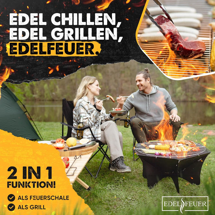 EDELFEUER Feuerschale Faltbar + GRATIS Grillrost - Leichter Aufbau - Ø 80cm [Ultra Stabil] Feuerkorb