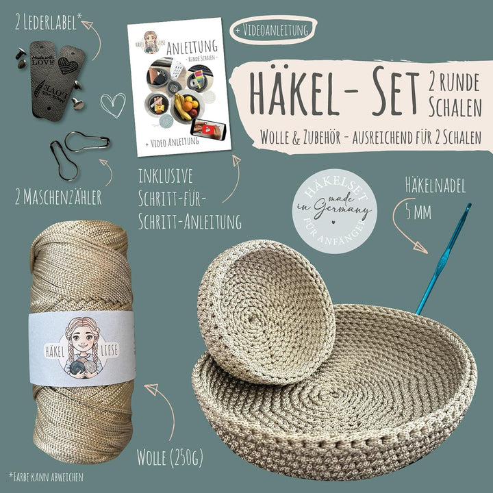 HÄKEL LIESE Häkelset für Anfänger - runde Schalen, Häkel Set Anfänger Erwachsene, Häckelset Schale m