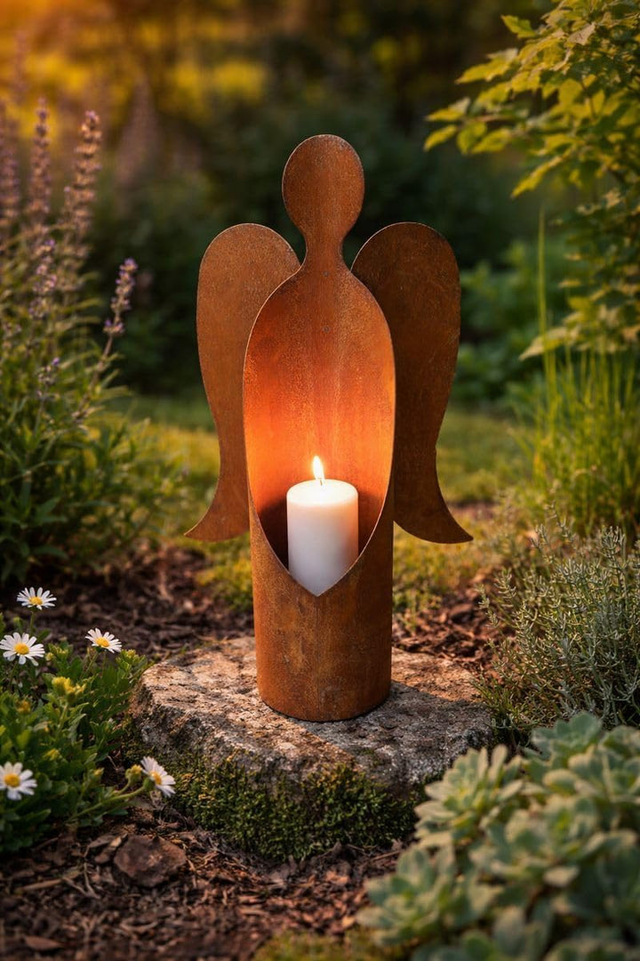 Bornhöft Edelrost Engel Figur aus Metall, 50 cm Hoch, Rostbraun, Gartendekoration mit Kerzenhalter,