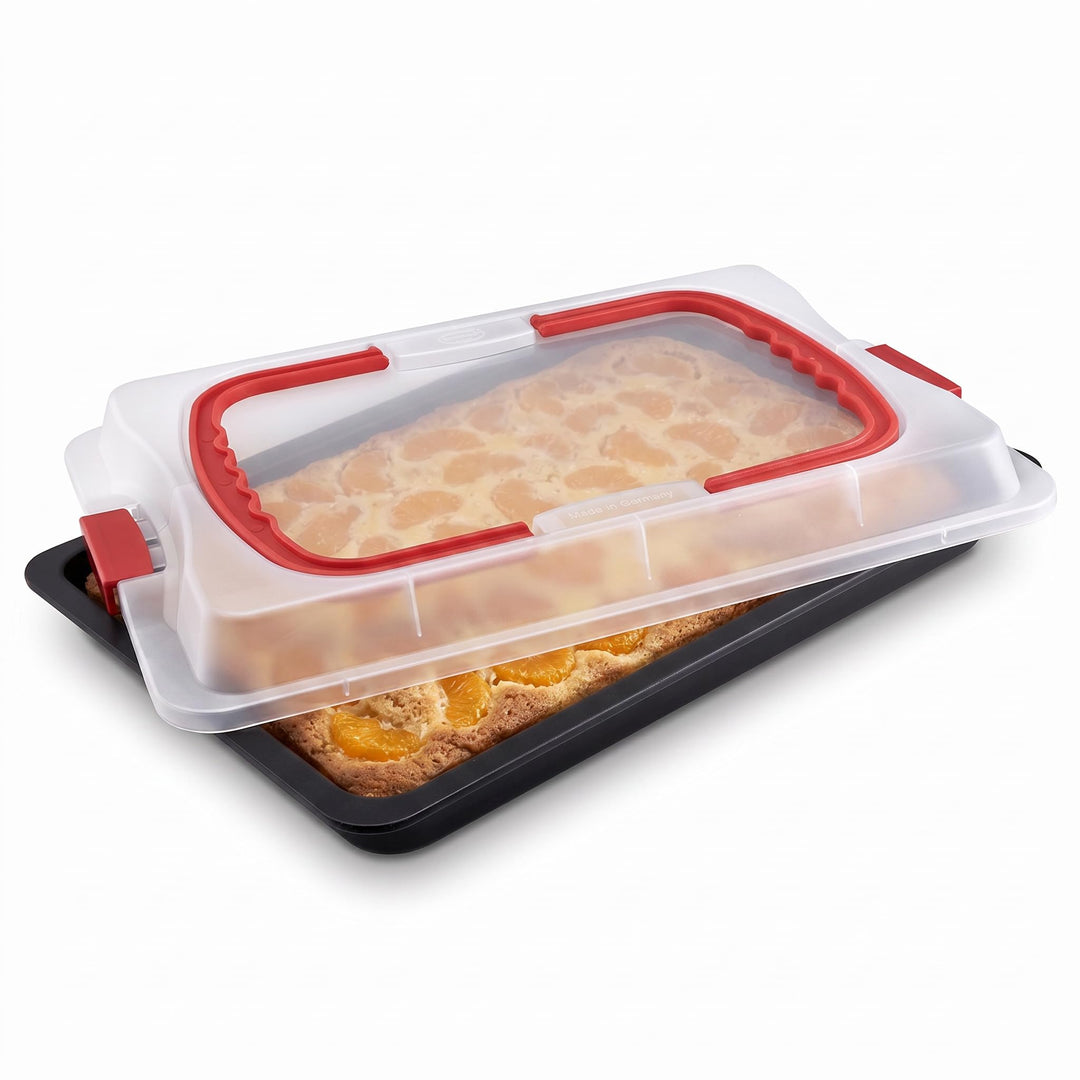 Dr. Oetker Backblech mit Transporthaube Bake &amp; Go 42 x 30 cm | Kuchenblech mit Antihaftbeschichtung