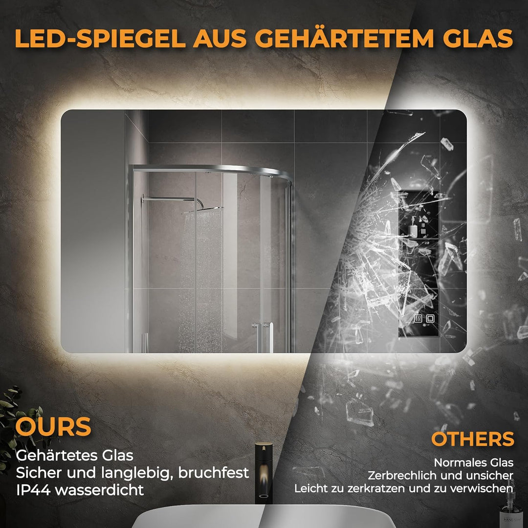 SVNR Badezimmerspiegel Mit Beleuchtung LED-120 x 60 cm Hintergrundbeleuchtung und 4mm Kupferfreiem,