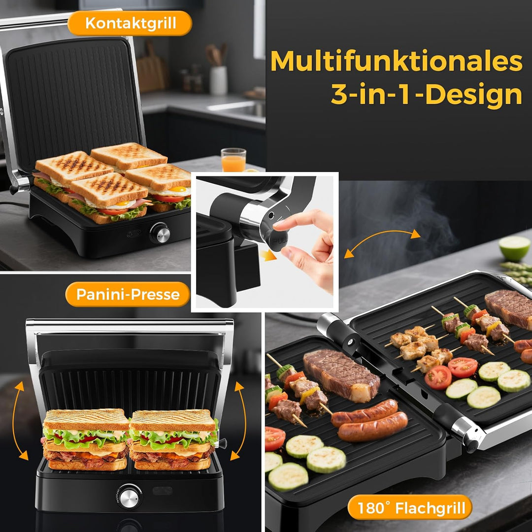 YASHE 2000W Kontaktgrill, Panini Grill mit 4 Scheiben, 180° Öffnung, Antihaftplatten, Temperatur ein