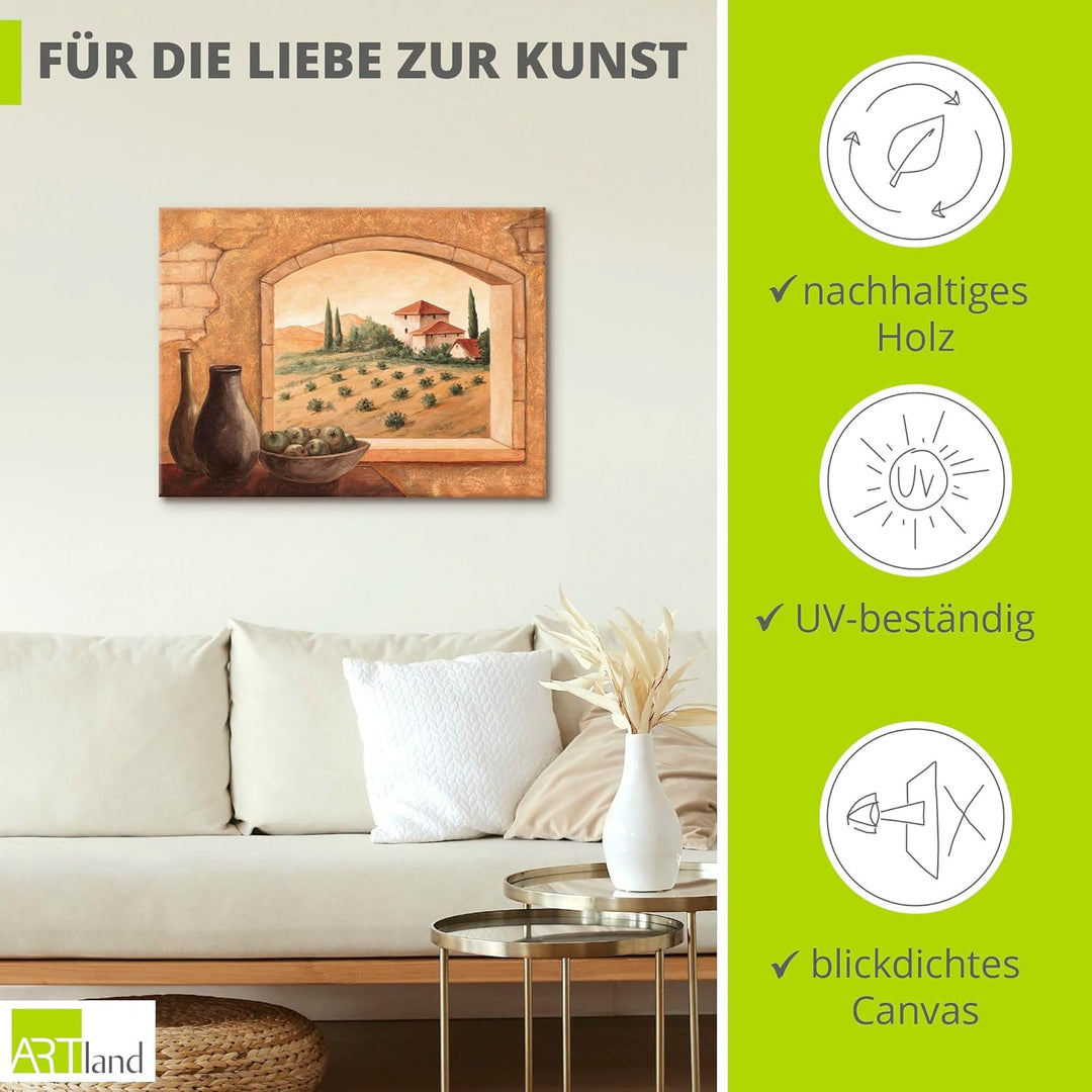Artland Leinwandbild Wandbild Bild auf Leinwand 80x60 cm Wanddeko Fensterblick Fenster Toskana Lands