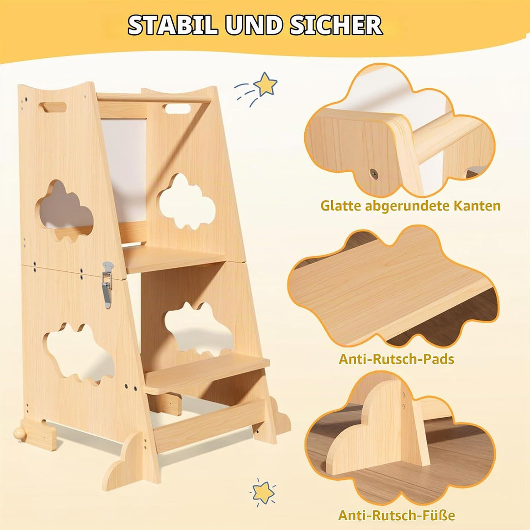 KIDINIX Lernturm ab 1 Jahr, 3 in 1 Montessori Learning Tower mit Sicherheitsgeländer und Tafel, Klap