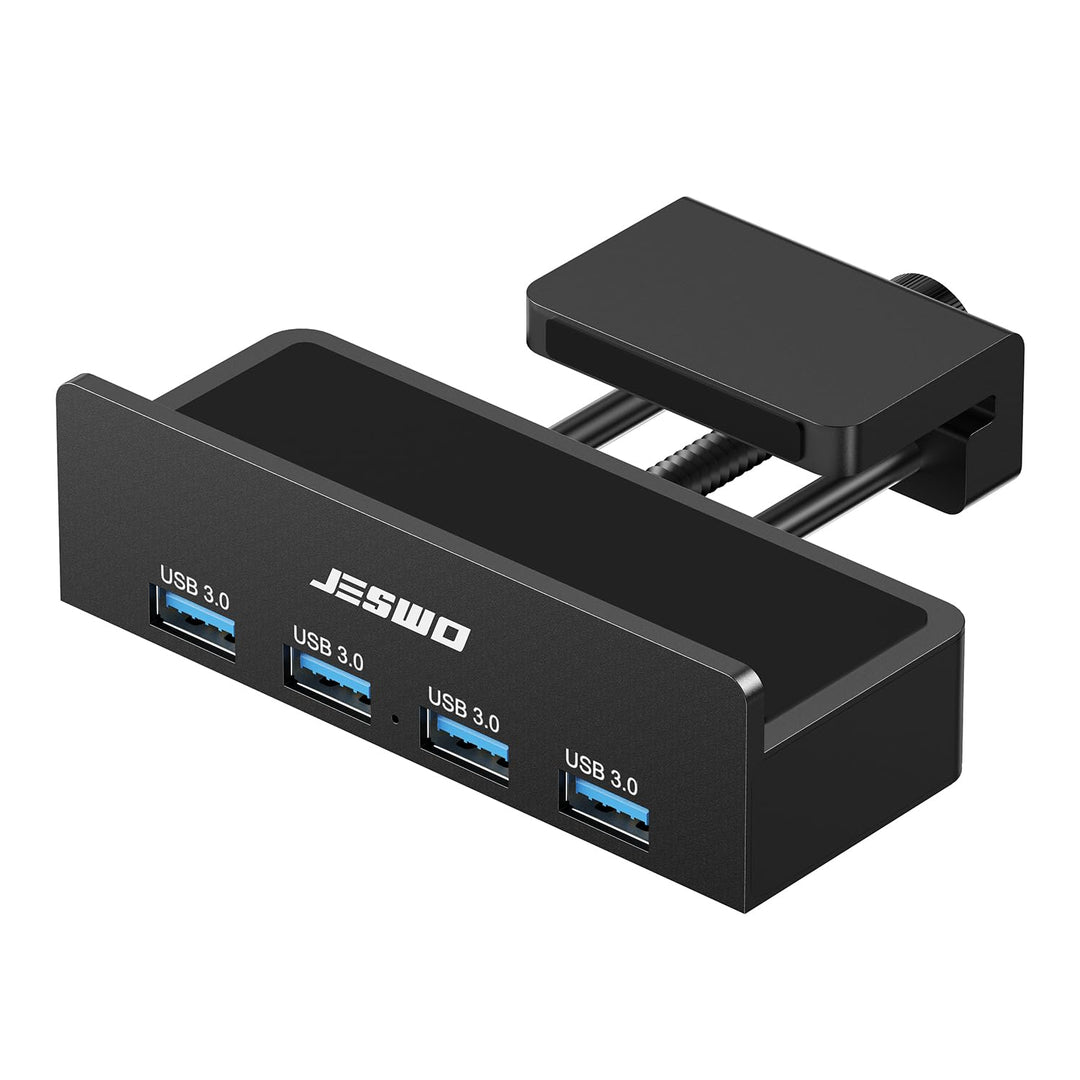 JESWO USB Hub, USB 3.0 Hub mit Clip, 4 Port USB Verteiler aus Aluminium, 5V Stromanschluss und 150cm