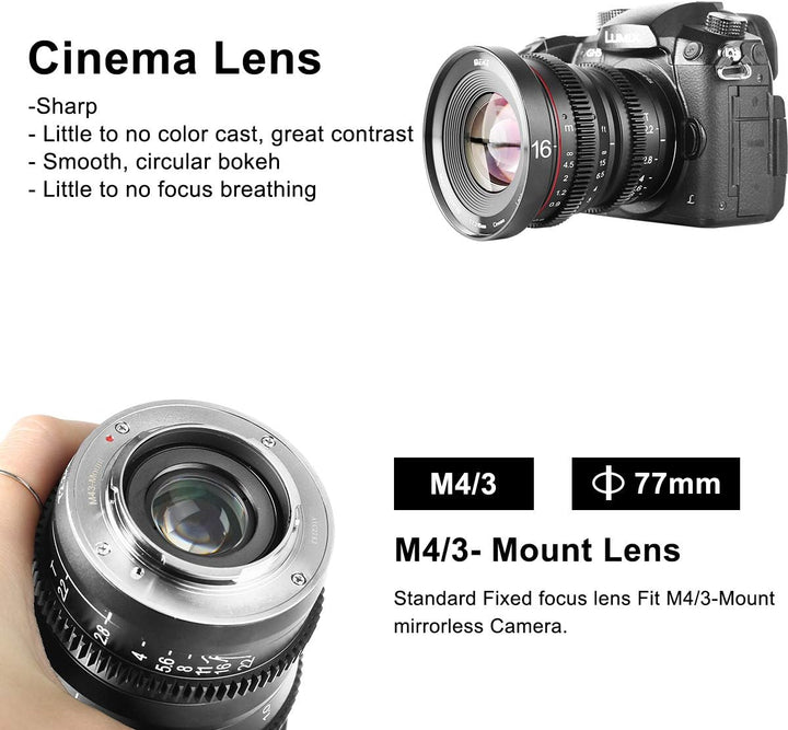 Meike MK 16 mm T2.2 grosse Blende manueller Fokus Prime Low Distortion Mini Cine Objektiv kompatibel