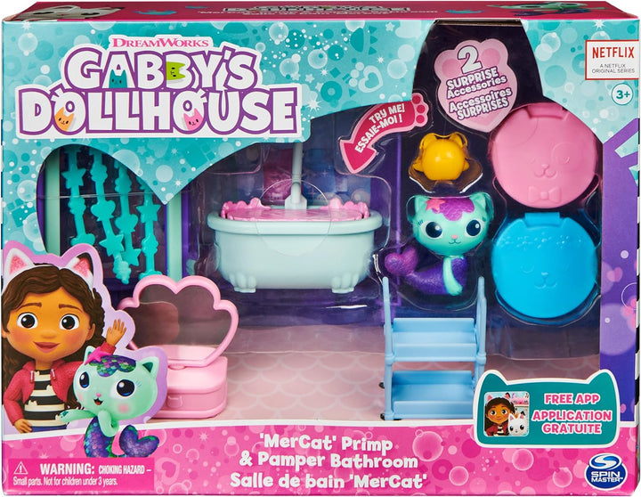 Cuffie In“Gabby's Dollhouse, Primp and Pamper Badezimmer mit Mercat Figur, 3 Zubehörteile, 3 Möbel u
