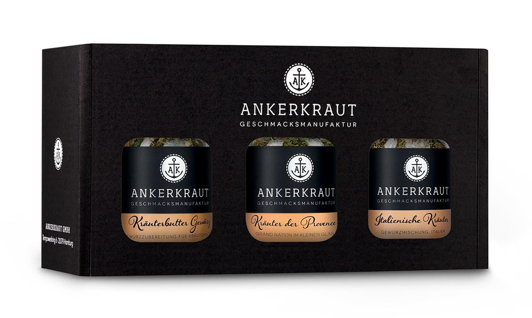 Ankerkraut Geschenkset Kräuter, Geschenk-Box mit 3 Kräutermischungen im Korkenglas, Leckere Geschenk