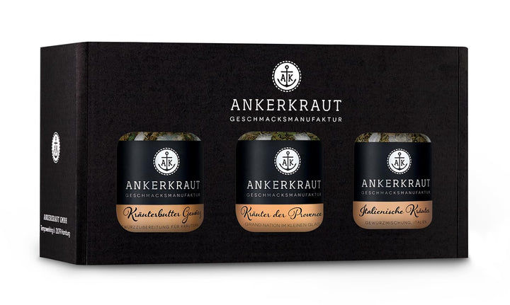 Ankerkraut Geschenkset Kräuter, Geschenk-Box mit 3 Kräutermischungen im Korkenglas, Leckere Geschenk